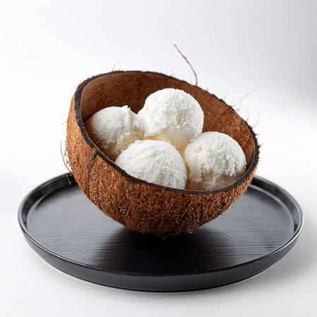 Coconut ice cream in a coconut shell on a white backgroundの素材