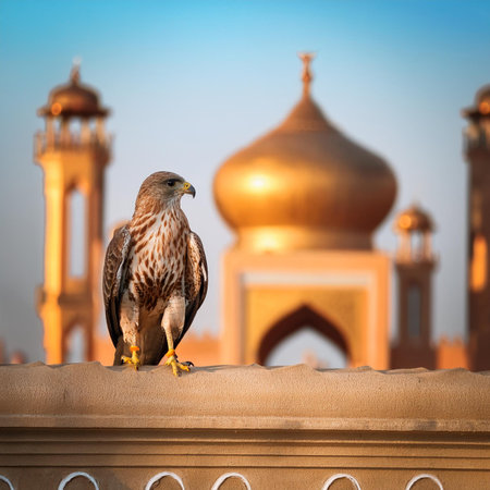 A bird of prey sits on the edge of the Taj Mahal in Agra, India.の素材