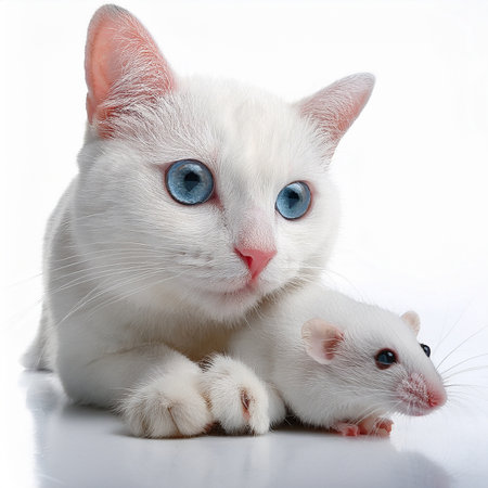 White cat and mouse. isolated on white background. studio shot.の素材