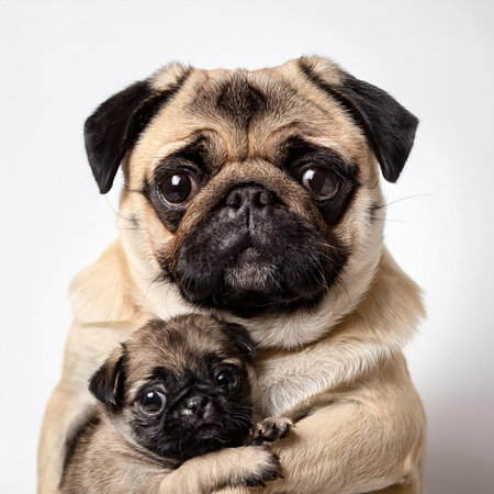 Pug puppy and small pug dog on a white background.の素材