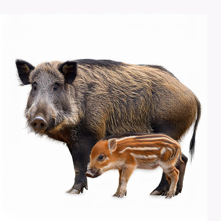 Wild boar with baby isolated on white background, clipping path includedの素材