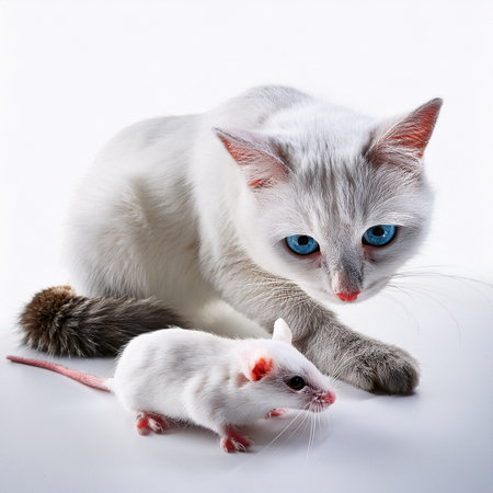 White cat and mouse, isolated on white background. Studio shot.の素材
