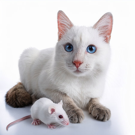 White cat and mouse isolated on white background. Studio shot. Shallow DOF.の素材