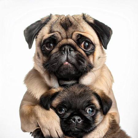 Pug puppy and mother pug dog isolated on white background.の素材