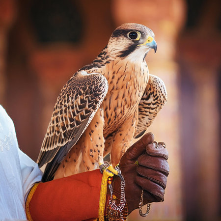 Kestrel in the hands of an Indian man. India.の素材
