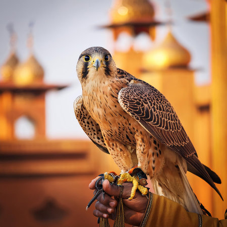 Peregrine falcon in the hands of a pilgrimの素材