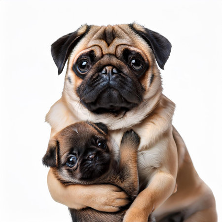 Pug puppy and mother dog isolated on white background. Studio shot.の素材