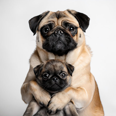 Two cute pugs sitting together and looking at camera on white backgroundの素材