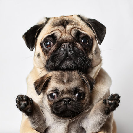 Cute pug puppy with his mother on a white background.の素材