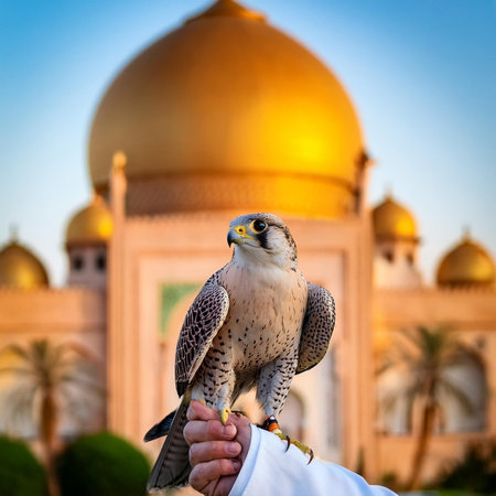 Male hand holding a falcon against the backdrop of the mosque.の素材