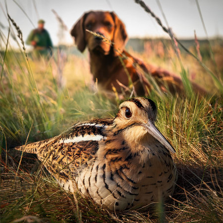 The portrait of a female snipe in the grass with her dog.の素材