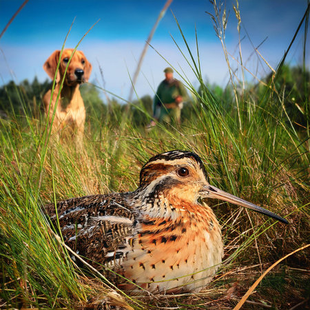A pair of snipe in the grass with a dog in the backgroundの素材