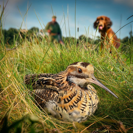 Portrait of a snipe in the grass with a dog in the backgroundの素材