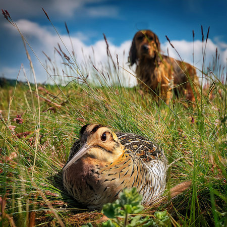 Two sparrows in the grass on a background of blue skyの素材