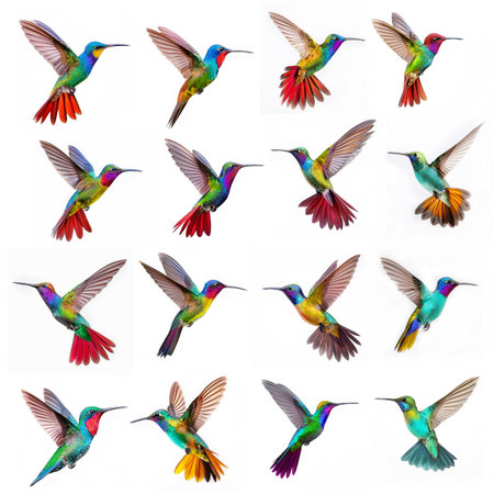 Collage of multicolored hummingbirds isolated on white background.の素材