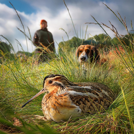 Bird snipe in the grass on the background of a fisherman and cowsの素材