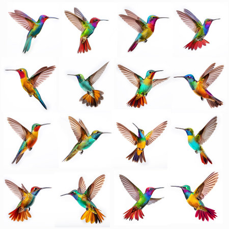 Collage of multicolored hummingbirds isolated on white background.の素材
