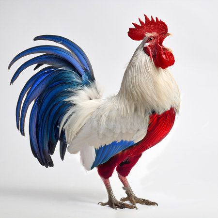 Colorful rooster isolated on white background. Rooster in studioの素材