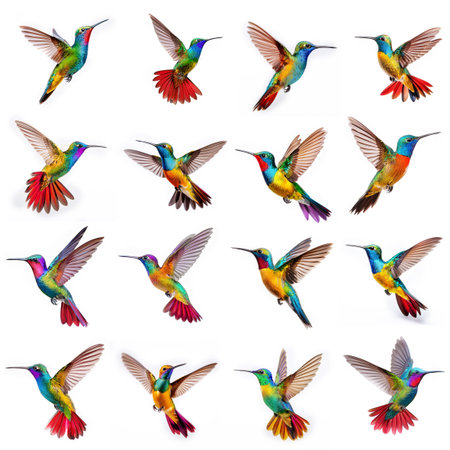 Collage of bright multicolored hummingbirds isolated on white backgroundの素材