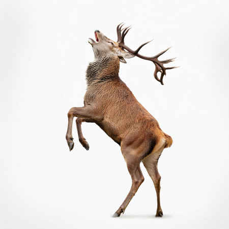 Red deer stag with antlers jumping isolated on white background. Studio shot.の素材