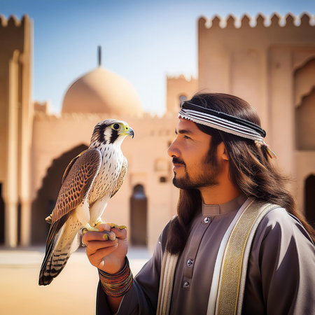 Handsome arabian man with kestrel in handの素材