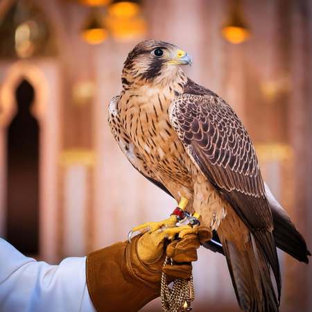 Falcon in the hands of a Muslim man at the mosque.の素材