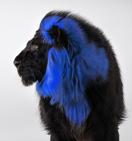 Black lion with blue hair on a white background. Studio shot.の素材