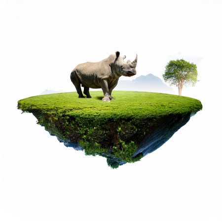 Rhinoceros on green island isolated on white background with clipping pathの素材