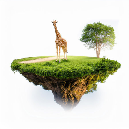 giraffe and tree on island isolated on white background with clipping pathの素材