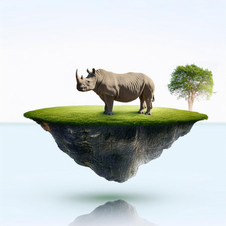 White rhinoceros on island with tree and reflection in waterの素材