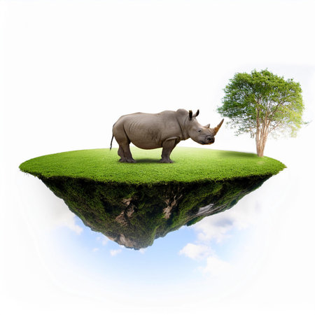 Rhinoceros on green island isolated on white background with clipping pathの素材