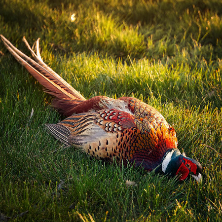 Pheasant lying on the grass at sunset in the evening.の素材