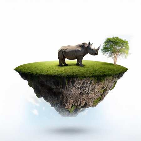 Rhinoceros on small island isolated on white background with reflectionの素材