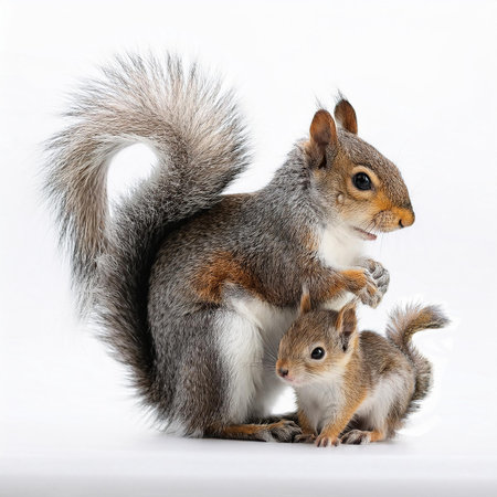Squirrel with mother, isolated on white background, side view.の素材