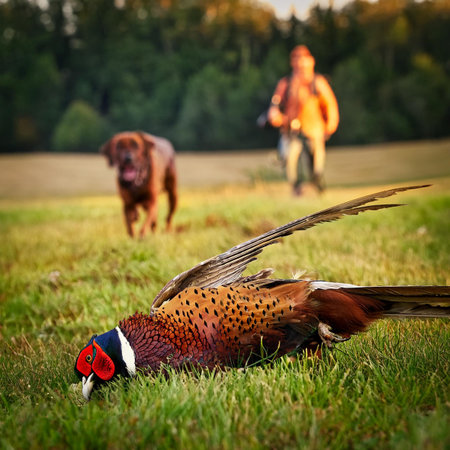 Pheasant in the meadow with a hunter in the backgroundの素材