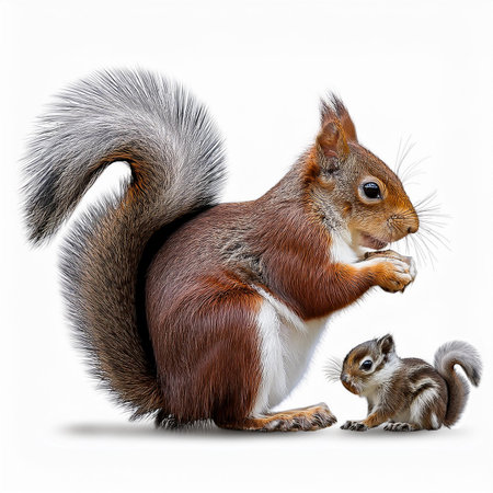 Eurasian red squirrel with mother and baby, isolated on white backgroundの素材