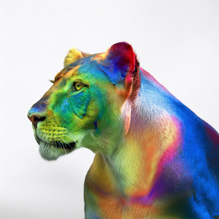 Portrait of a lioness with a multicolored background.の素材
