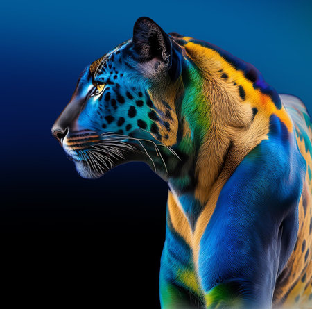 Portrait of a leopard on a blue background. 3d renderingの素材