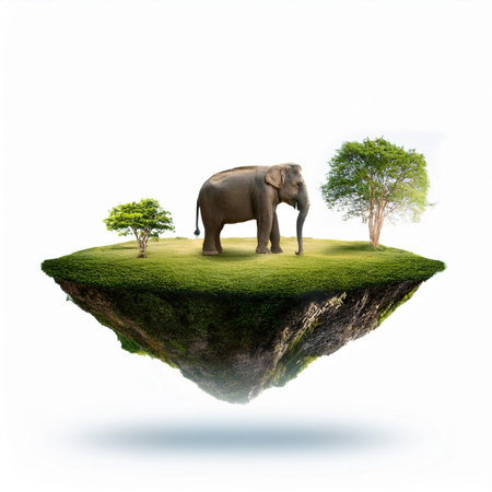 Elephant and tree on island isolated on white background with clipping pathの素材