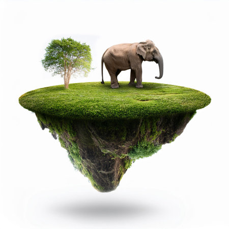 Elephant on the island with tree and grass isolated on white backgroundの素材