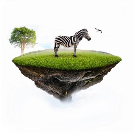 Zebra and tree on green island isolated on white background with clipping pathの素材