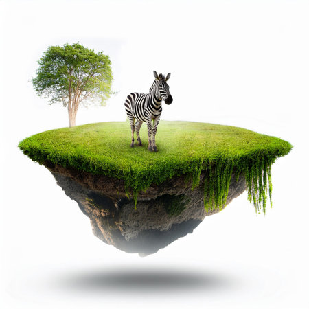 Zebra and tree on floating island. Isolated on white backgroundの素材