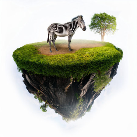 Zebra and tree on floating island with water reflection in white backgroundの素材