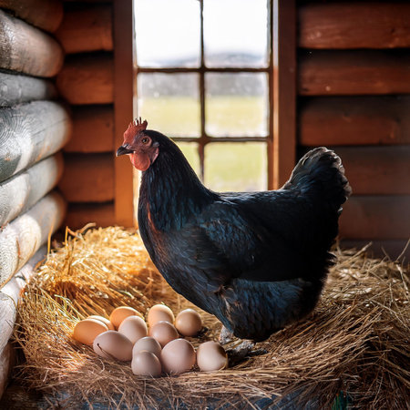 Black hen with eggs on the background of a wooden house in the villageの素材