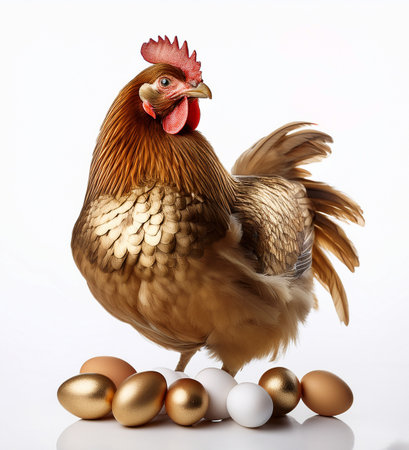 Chicken and golden eggs isolated on a white background. Easter concept.の素材