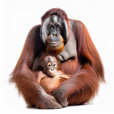 Orangutan with baby isolated on white background. Studio shot.の素材