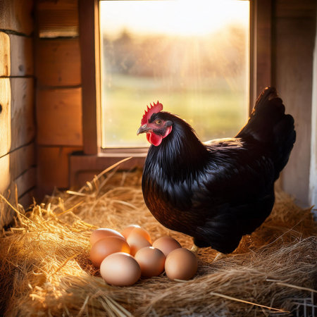 chicken and eggs on a hay in front of a wooden windowの素材