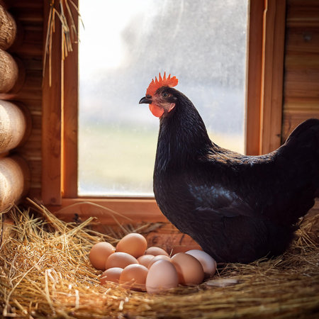 chicken and eggs in the henhouse on the background of the windowの素材
