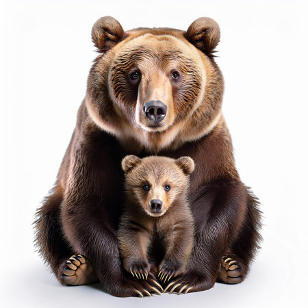 Bear and bear cub sitting on a white background. Isolated.の素材