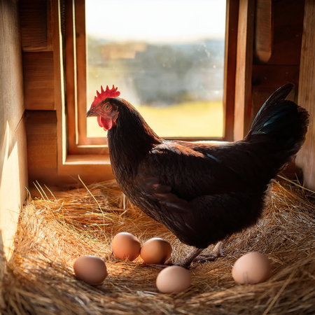 Chickens and eggs on the background of a wooden house.の素材
